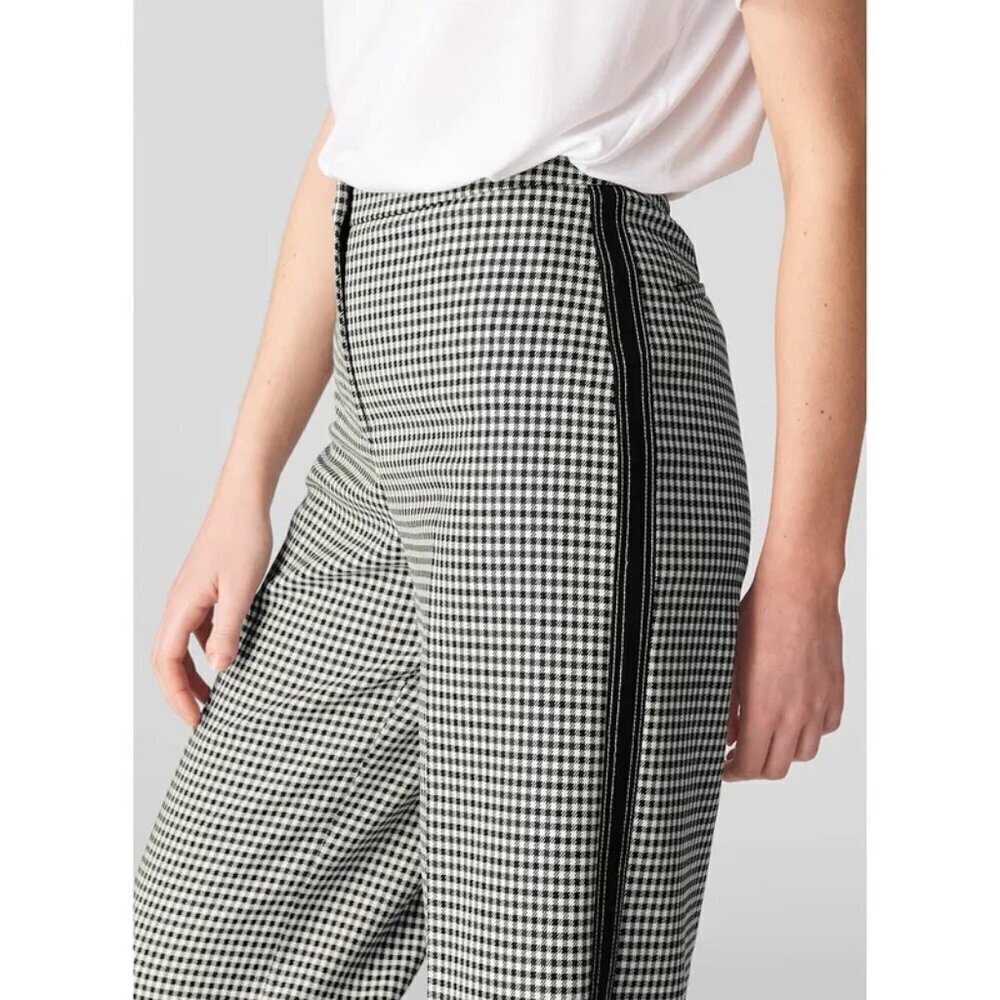 Whistles Wide Leg Cropped Black White Navy Check Side Stripe Pants Size 12